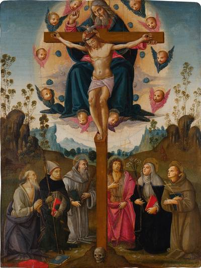 Holy Trinity adored by Saints Jerome, Louis of Toulouse, Benedict, John the Baptist, Catherine of Siena, and Francis