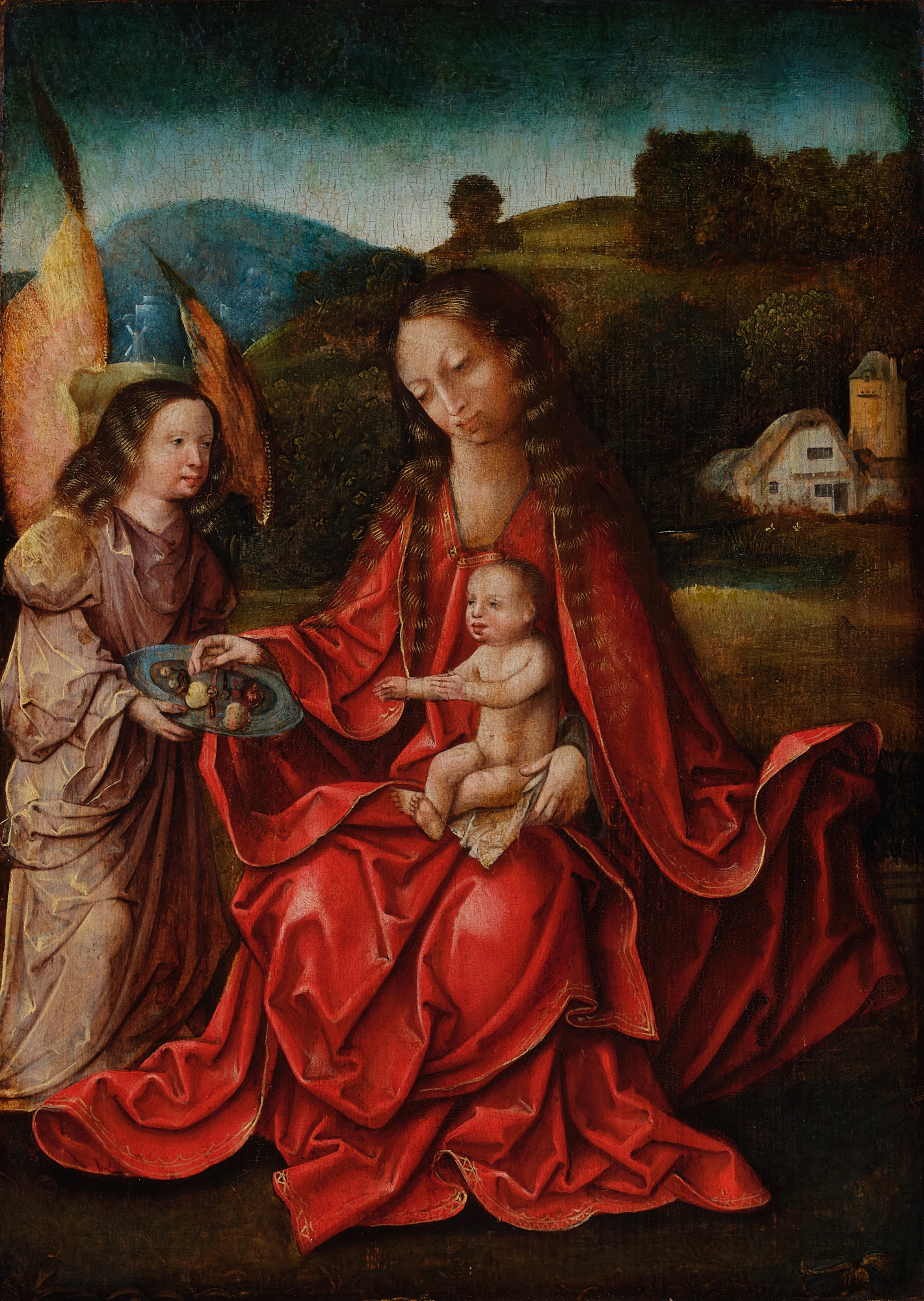 Flemish School, early 16th century — Virgin and child in a landscape with an angel