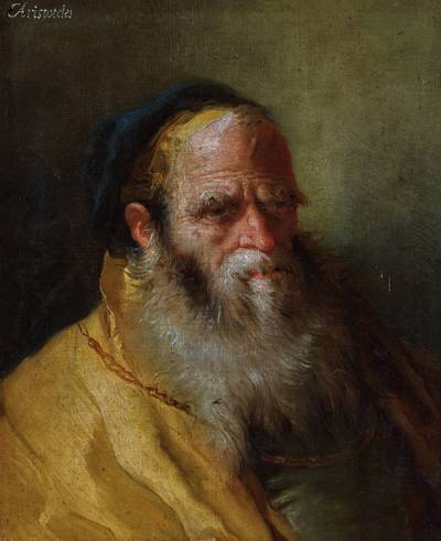 Head of a bearded man in a yellow robe and a blue cap, wearing a gold chain