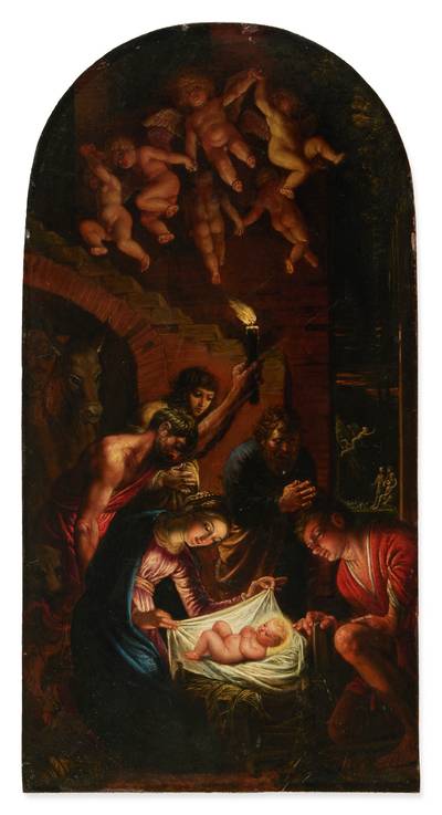 Adoration of the shepherds with a circle of angels above