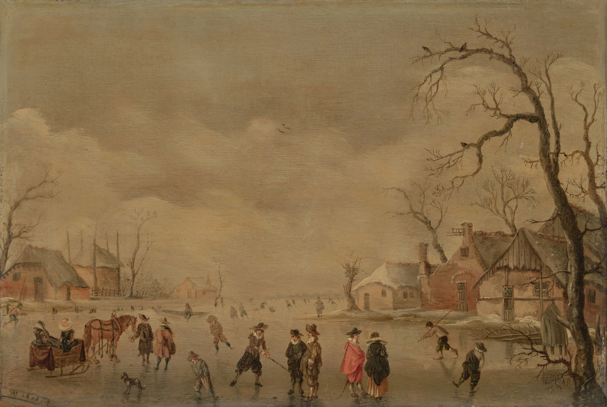 Unknown — Winter landscape on a frozen canal with kolfers, skaters and a horse-drawn sleigh