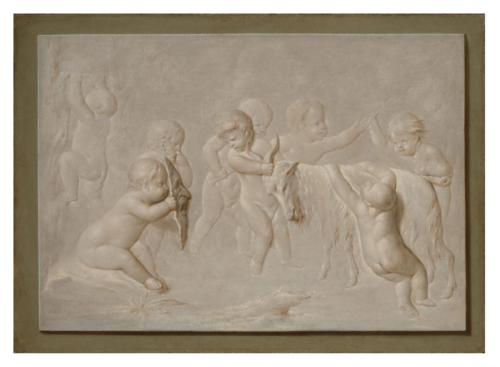 Attributed to Piat Joseph Sauvage — Trompe l’oeil of a marble bas-relief depicting a bacchanal of putti with a goat