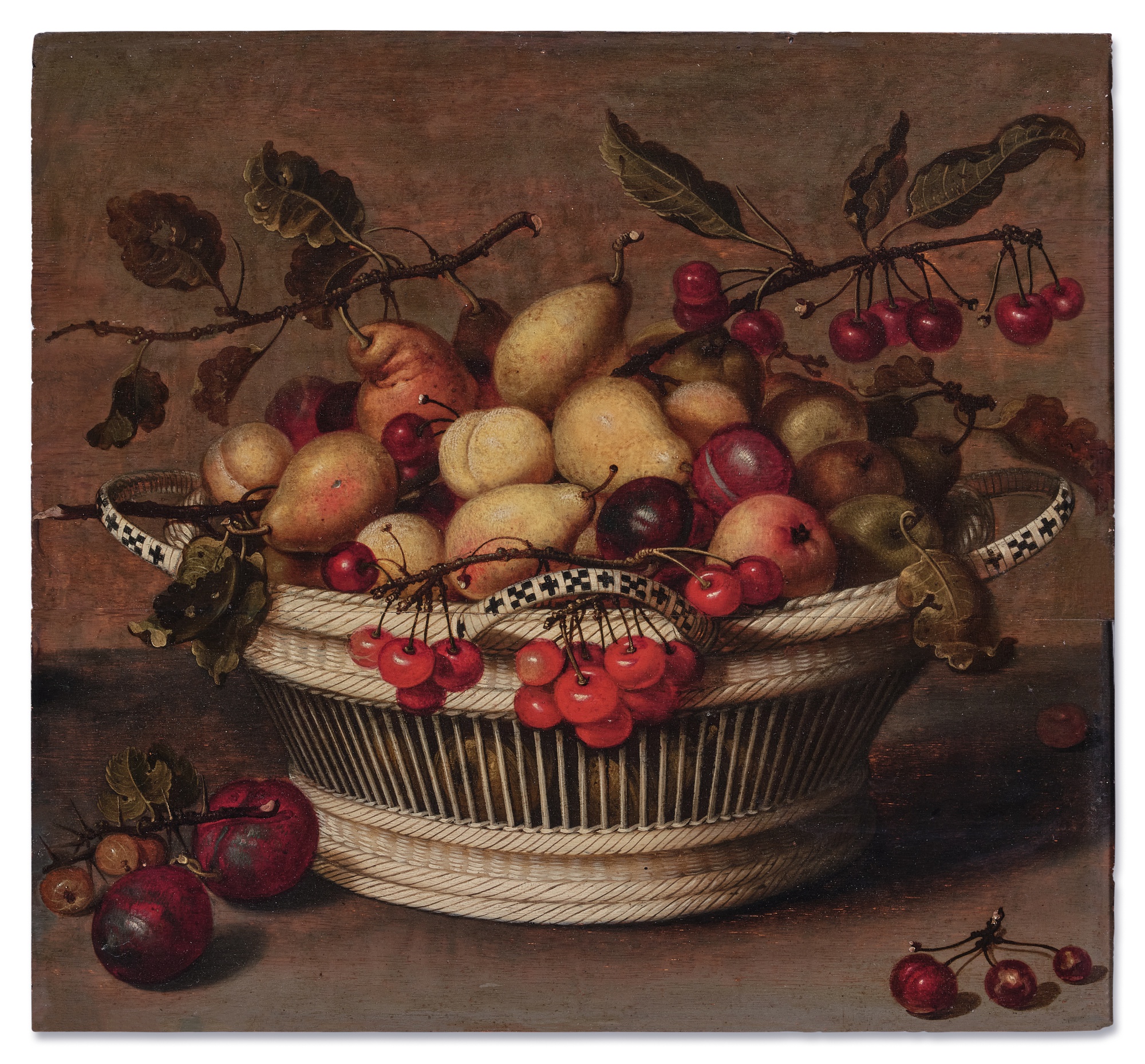 Attributed to Johannes Bouman — Still life of pears, plums, and cherries in a wicker basket
