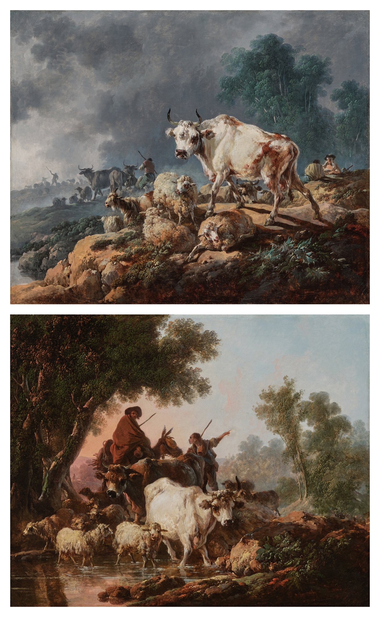 Jean-Baptiste Pillement — Shepherds in a stormy landscape with sheep and cattle; Shepherds herding their flock across a stream