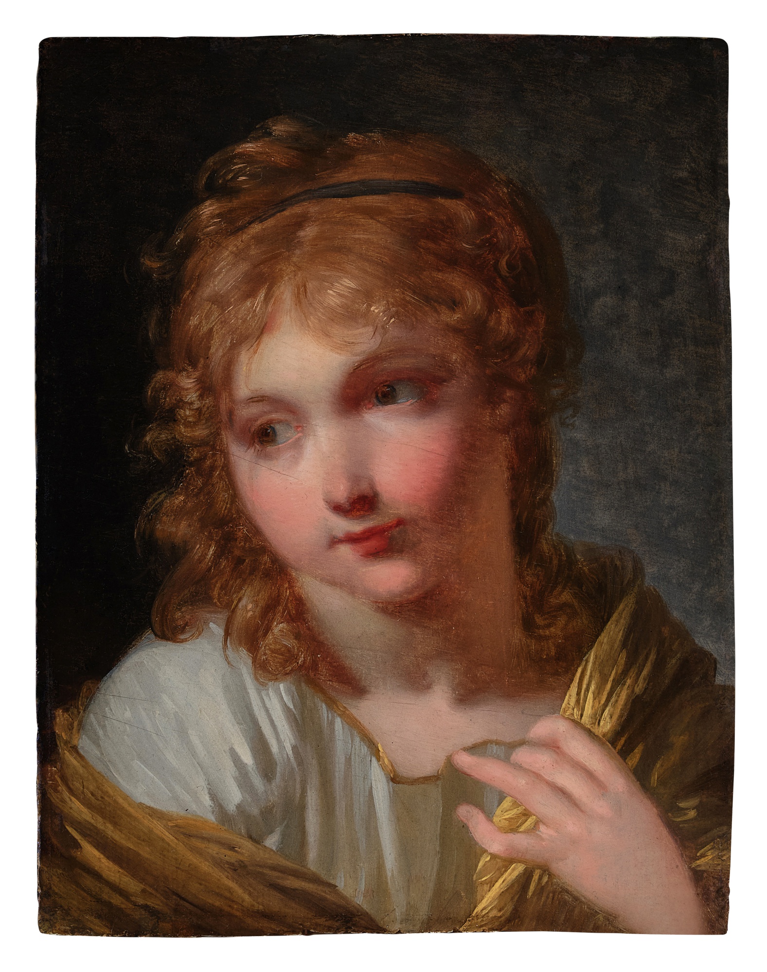 Jacques Antoine Vallin — Portrait of a girl wearing a yellow shawl and blue ribbon in her hair, bust-length