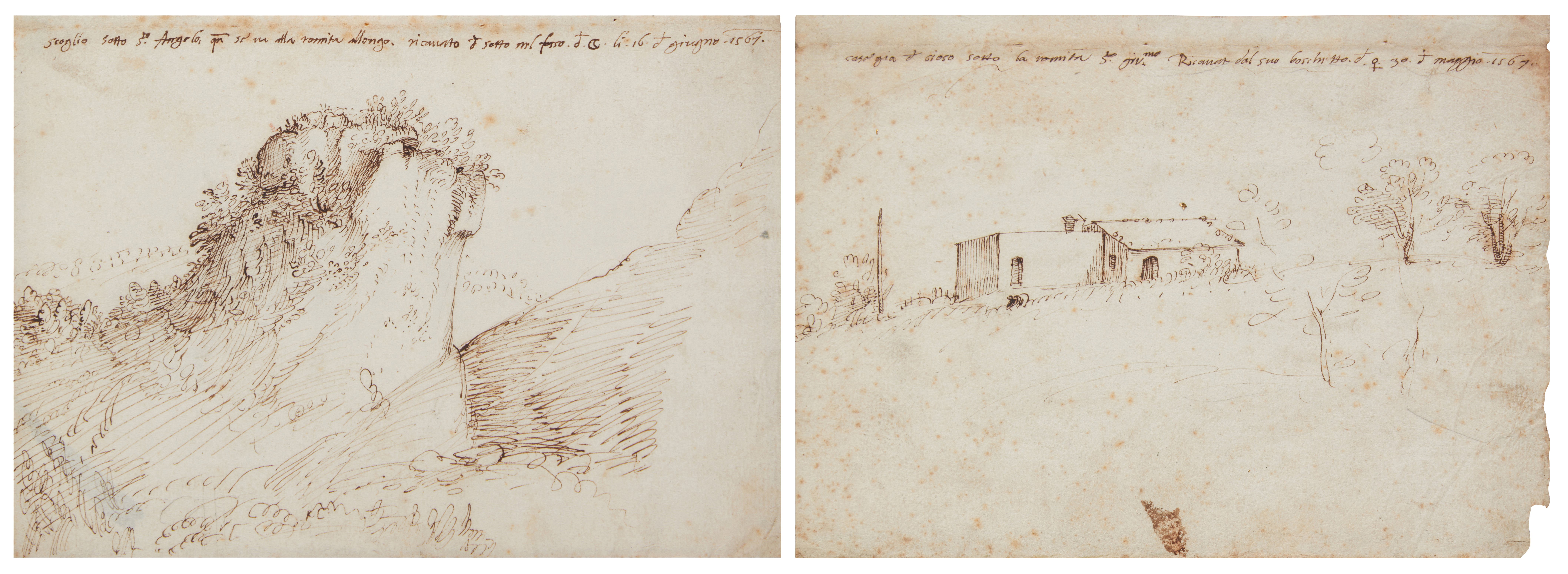 Gherardo Cibo — Two landscape drawings: A) A rocky outcrop with trees, with an additional sketch (verso) B) Farm buildings in a landscape