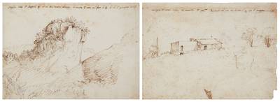 Two landscape drawings: A) A rocky outcrop with trees, with an additional sketch (verso) B) Farm buildings in a landscape