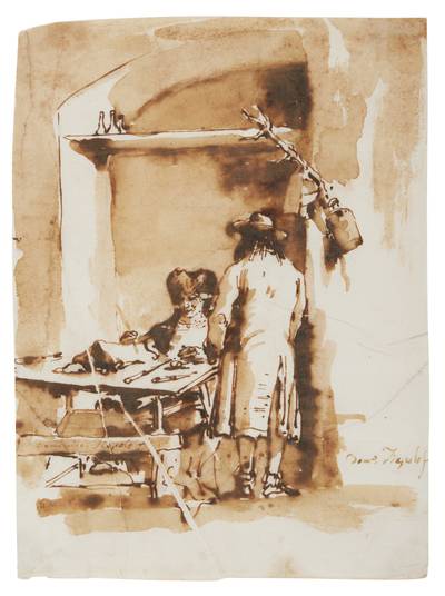 Two figures in an interior, possibly an apothecary