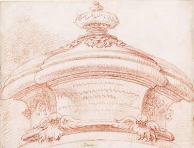 Design for an urn sitting on the extrados of an arch