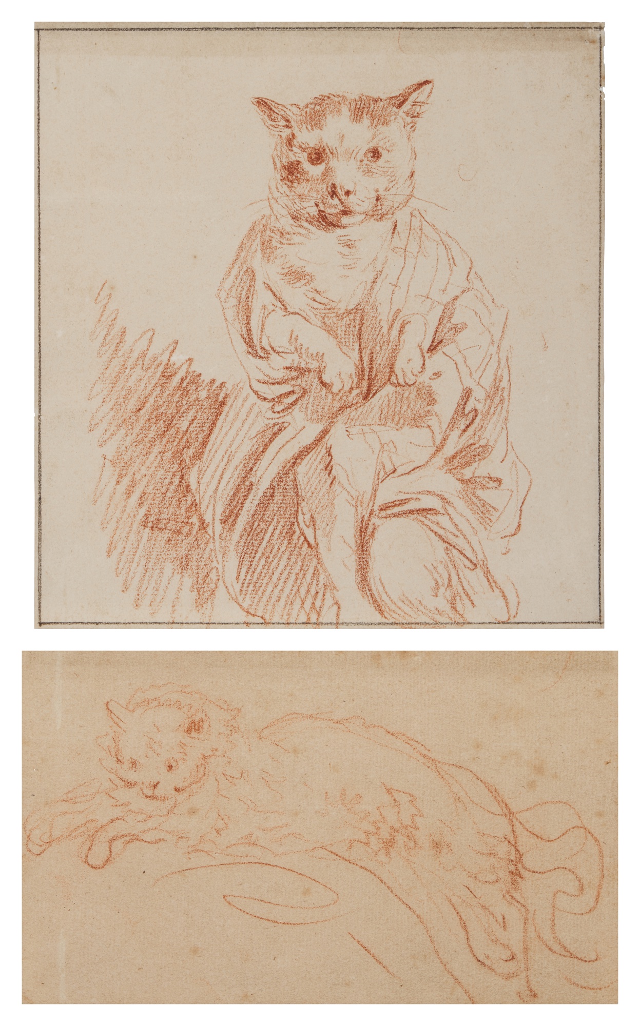 Jean-Honoré Fragonard — Two studies of cats: A) Le chat emmailloté B) Le chat étendu