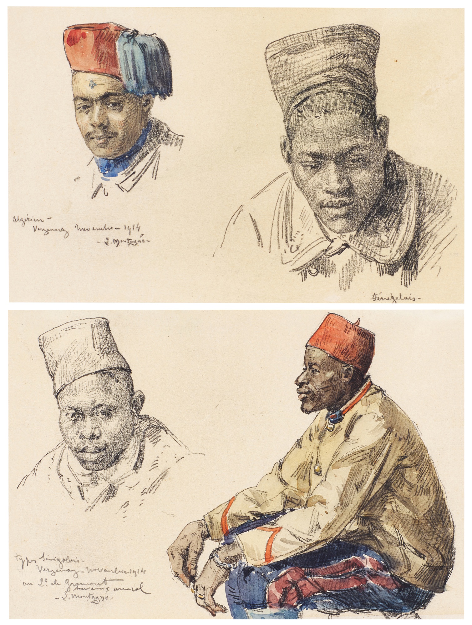 Louis Agricol Montagné — A) Head study of an Algerian Tirailleur and Senegalese Tirailleur B) Head study of a Senegalese Tirailleur and a seated Senegalese Tirailleur, in profile