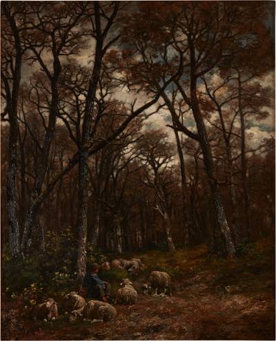 Shepherd and Flock in a Moonlit Forest