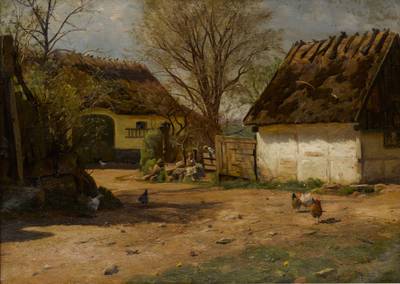 Children in a sunlit farmyard
