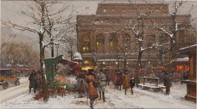 Marché aux fleurs en hiver, le théâtre du Châtelet