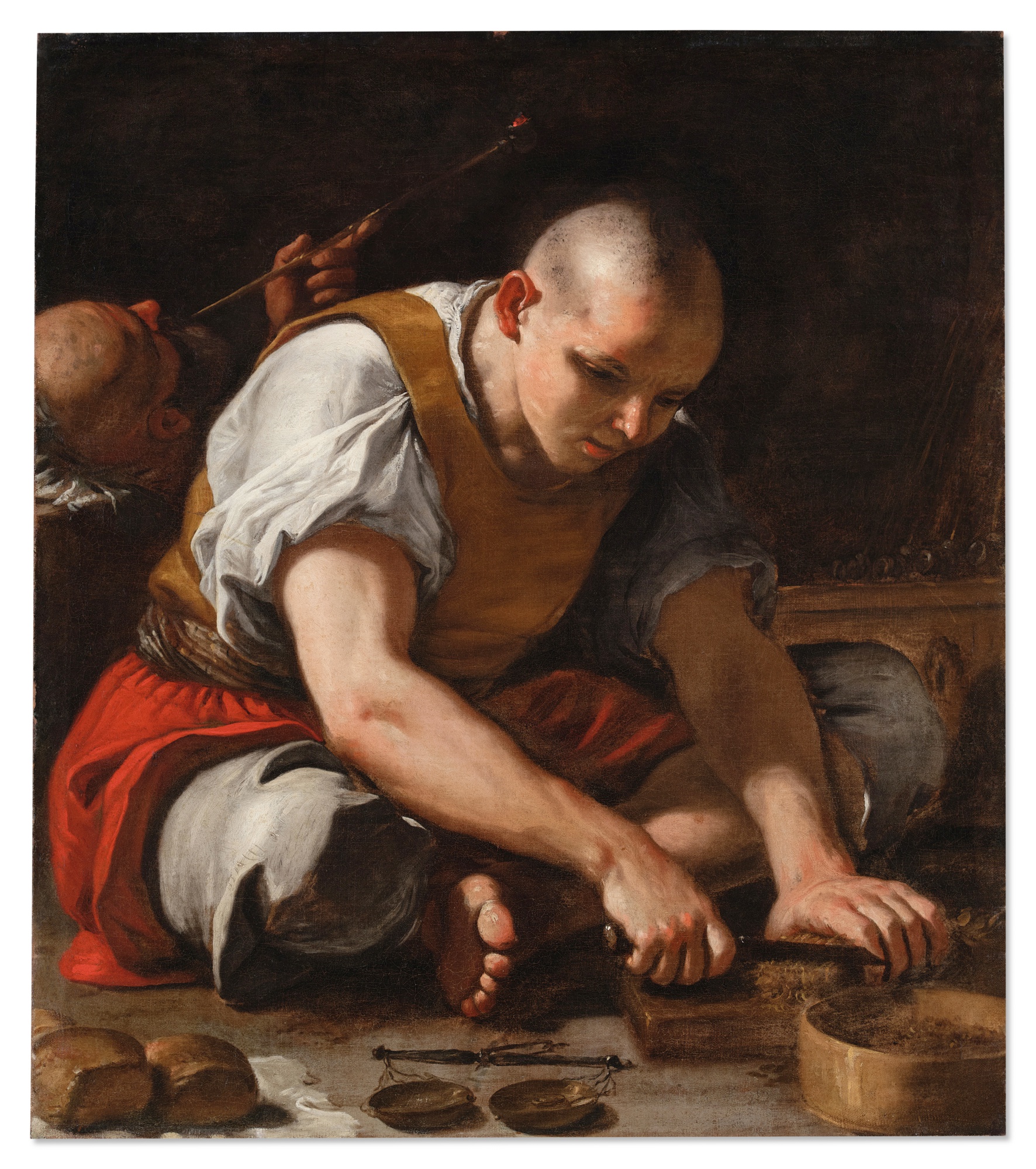 Unknown — Man cutting a block of tobacco with another figure smoking a pipe behind