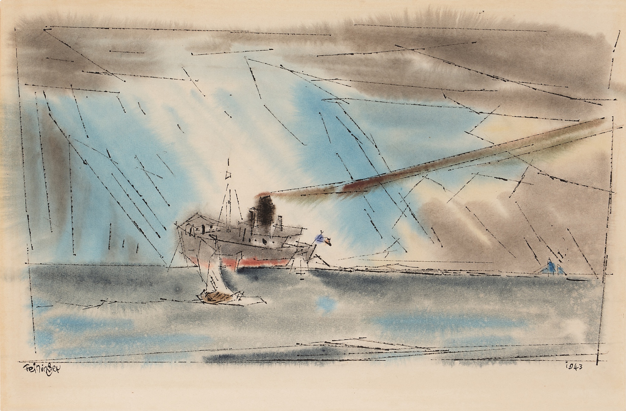 Lyonel Feininger — Freighter and Sailing Ships in the Rain
