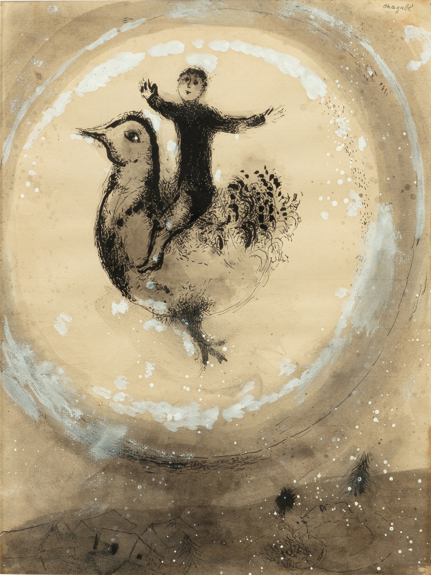 Marc Chagall — La Chevauchée nocturne du coq au-dessus du village