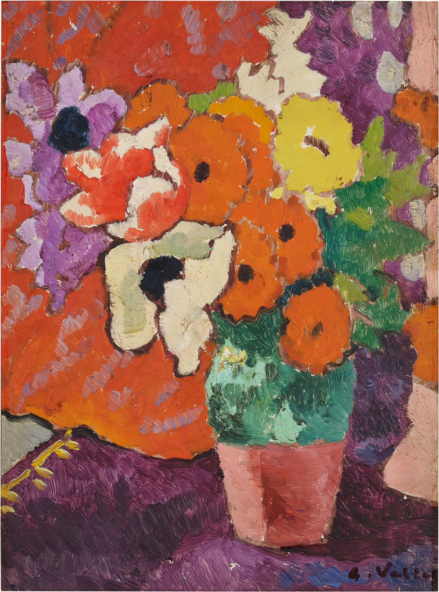 Soucis et anémones, cruche beige et verte