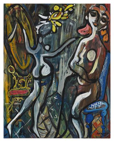 Espejo y desnudos en azul y rosa