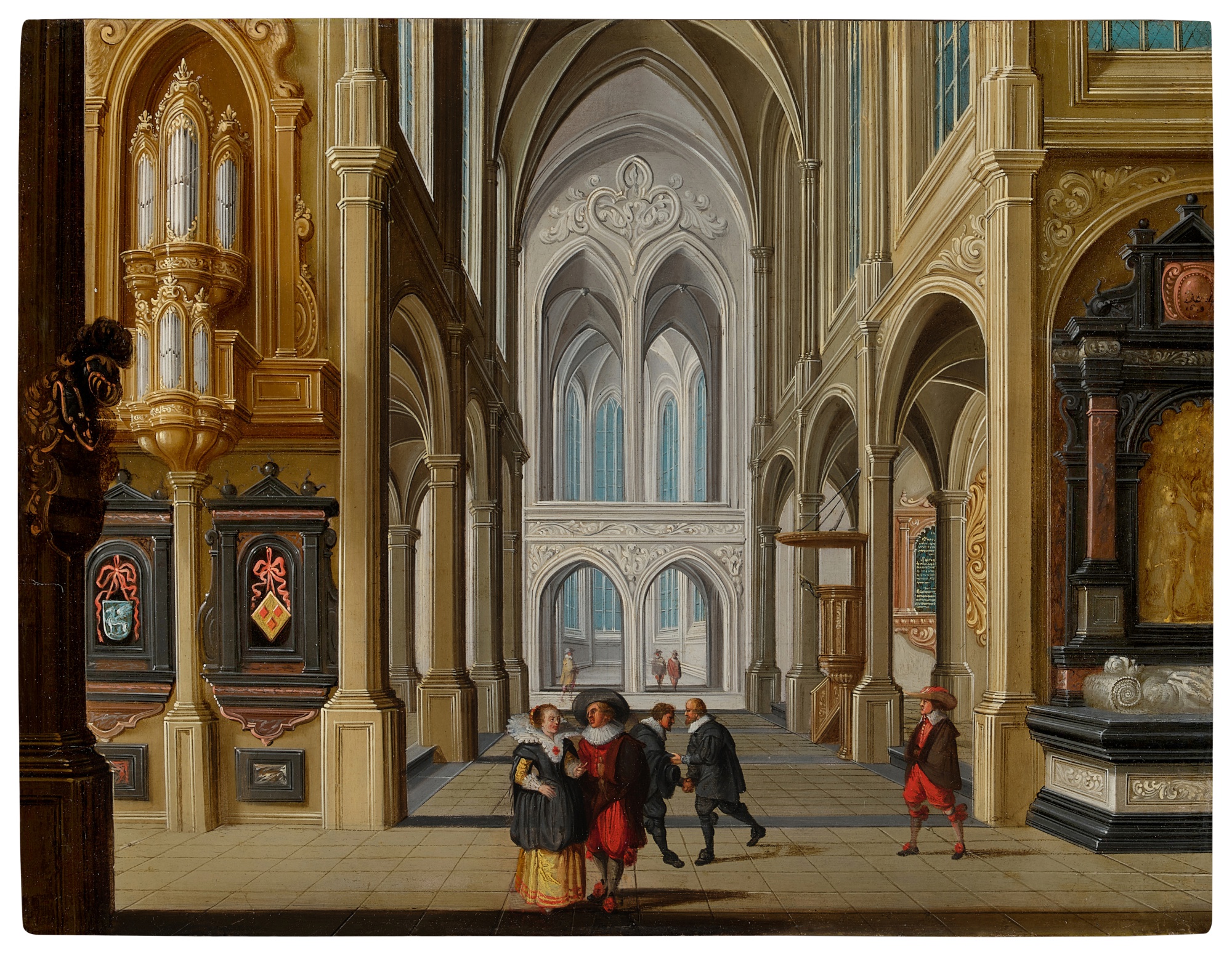 Unknown — The interior of a Gothic church with elegant figures, an organ, and a tomb