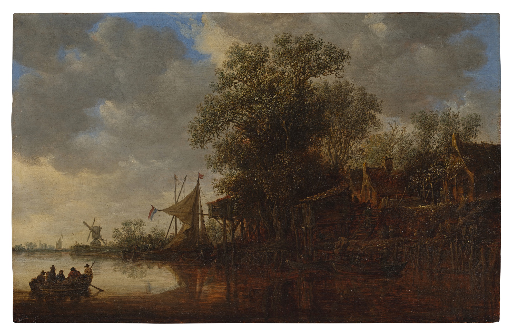 Unknown — River landscape with six passengers in a row boat and a village along the shore