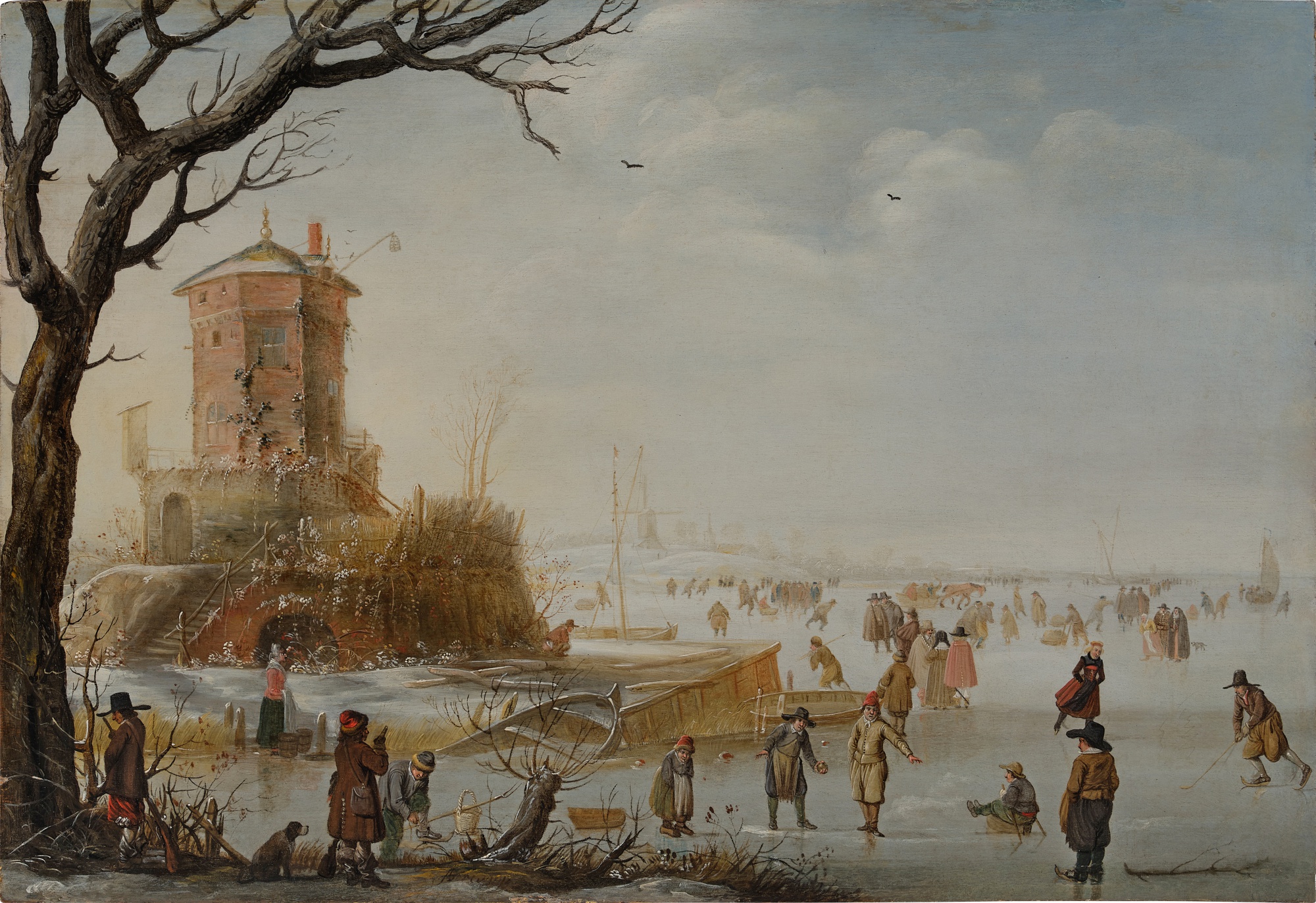 Unknown — A winter landscape with skaters and townsfolk on a frozen river by a tower