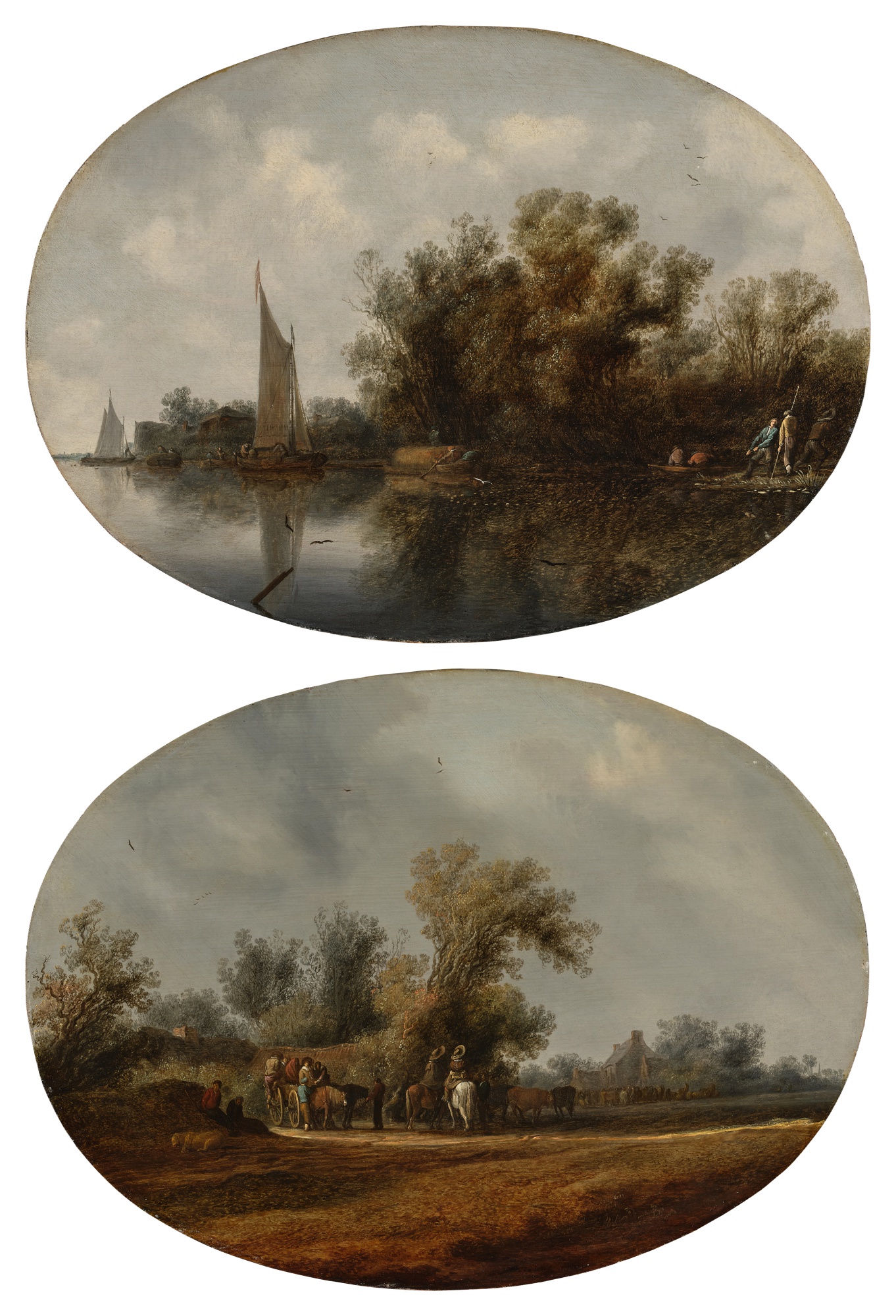 Unknown — A river landscape with a sailboat at left, three fishermen casting their nets at right, and other boats and figures; A wooded landscape with two men on horseback, a carriage with travelers, onlookers, and animals
