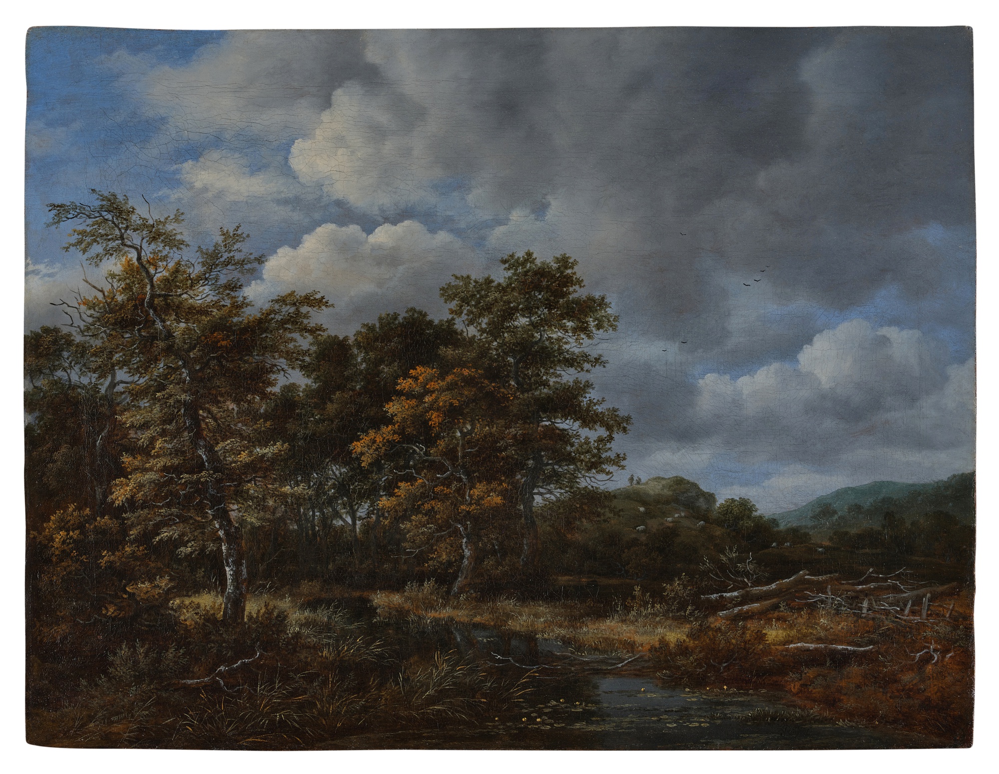 Unknown — A wooded landscape with a quiet stream and a group of trees at left