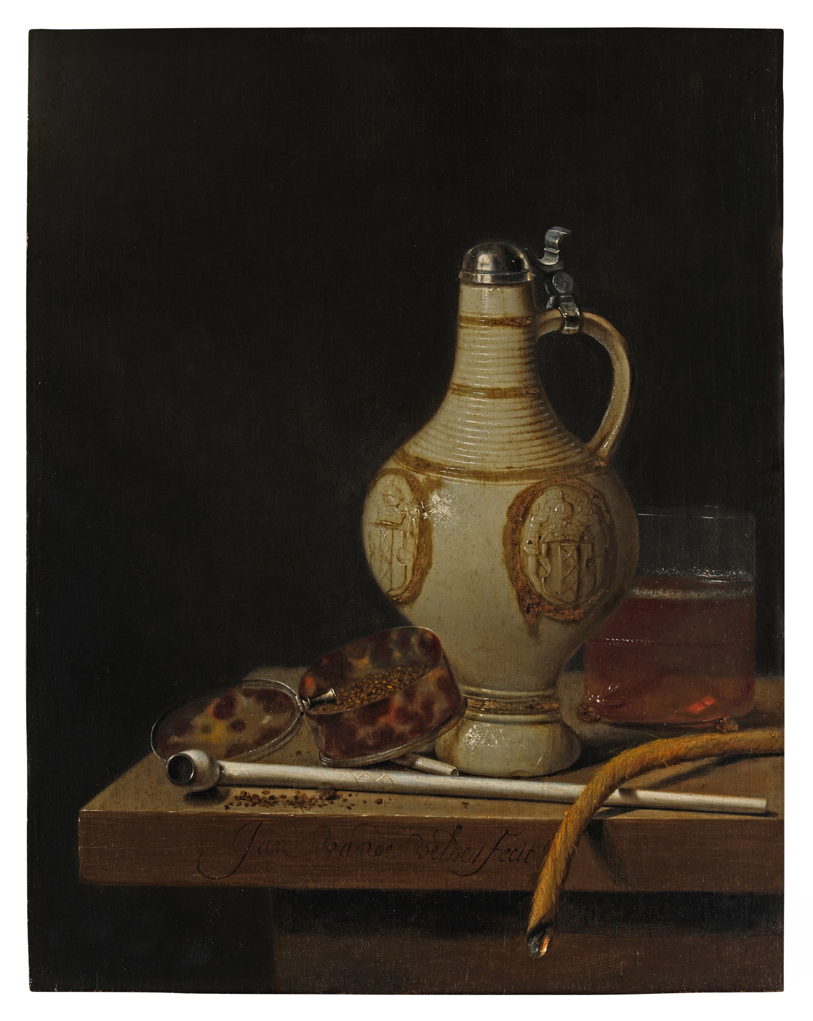 Unknown — Still life with an earthenware jug, tortoise shell tobacco box, 'gouda' pipe, glass of beer, and tobacco smoking implements