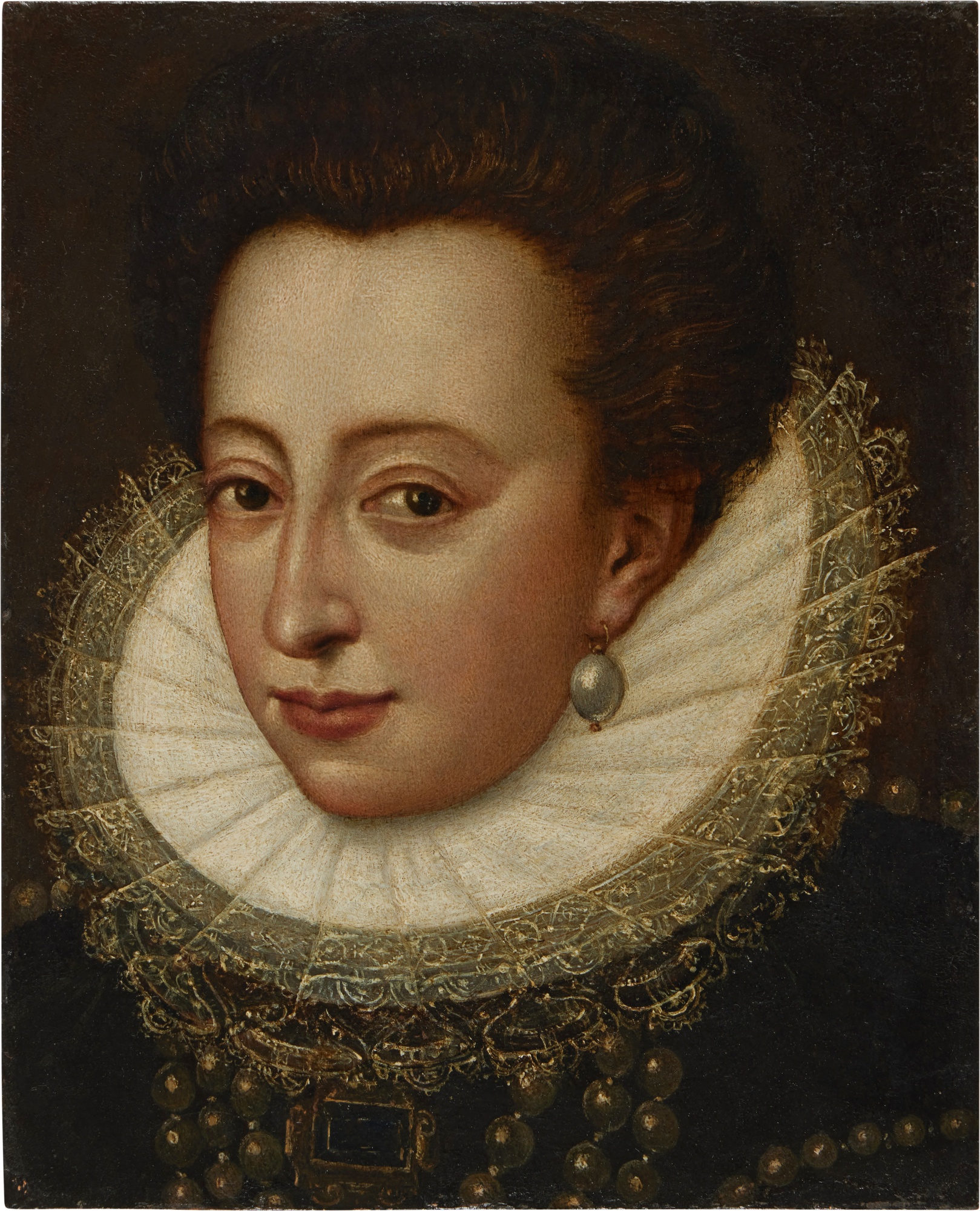Portrait of Christina of Lorraine (1565-1637), Grand Duchess of Tuscany, bust-length, wearing a black dress with an elaborate lace collar and pearl jewelry