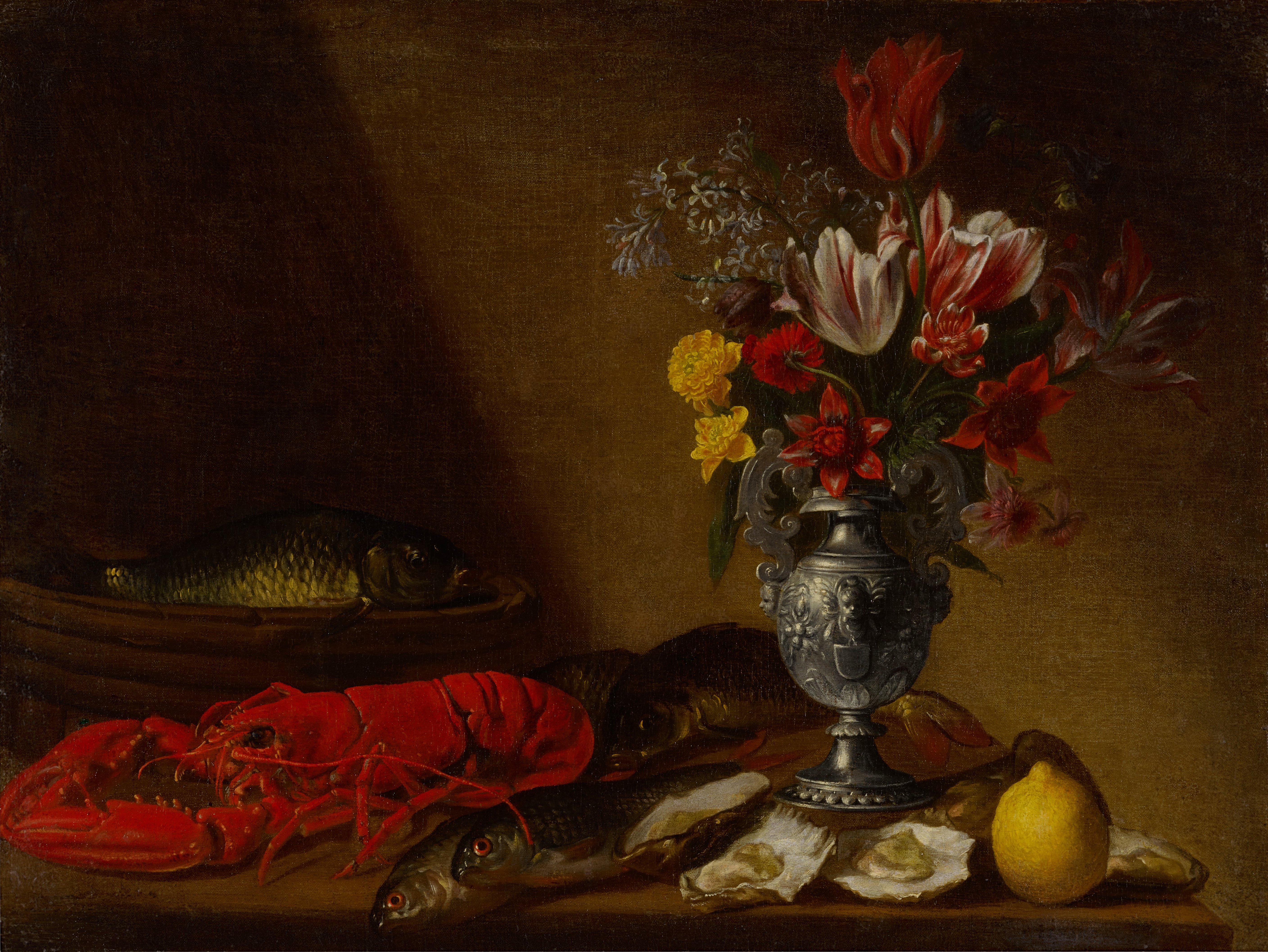 Unknown — Still life of tulips, peonies, and other flowers in a silver vase, with a lobster, oysters, fish, and a lemon on a table
