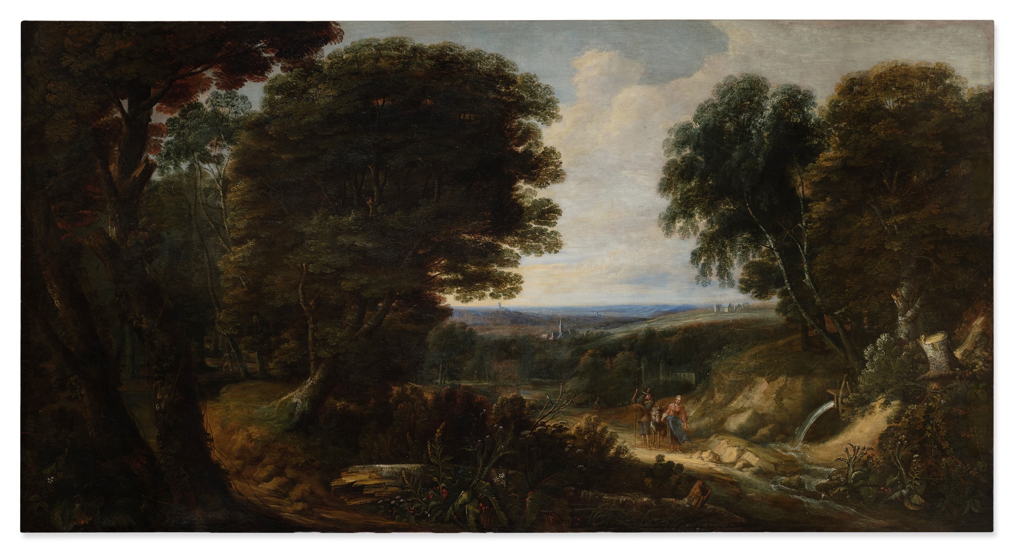 Attributed to Jacques d'Arthois — An extensive wooded landscape with figures, a castle, and a river in the distance