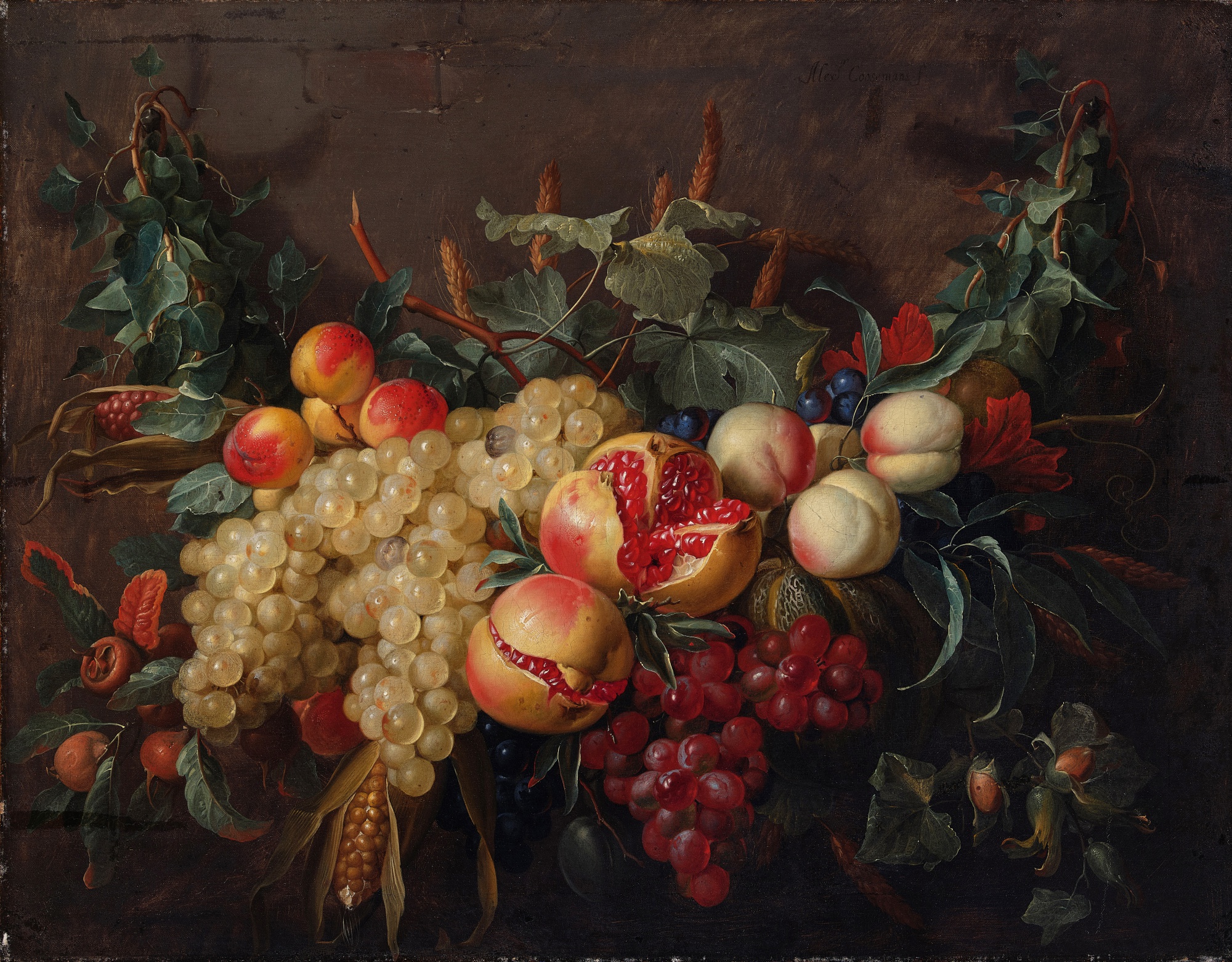 Alexander Coosemans — Still life bouquet of pomegranates, peaches, grapes, corn, and various fruits and nuts