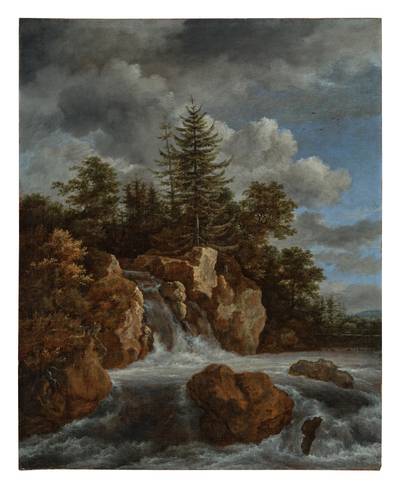 A wooded landscape with a waterfall
