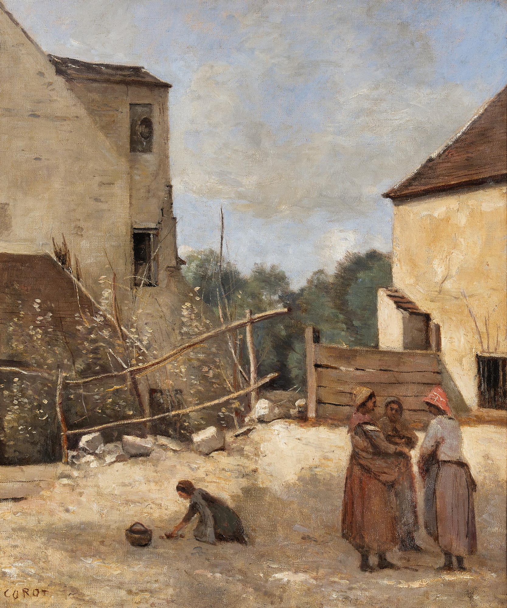 Jean-Baptiste-Camille Corot — Trois paysannes causant dans une cour rustique
