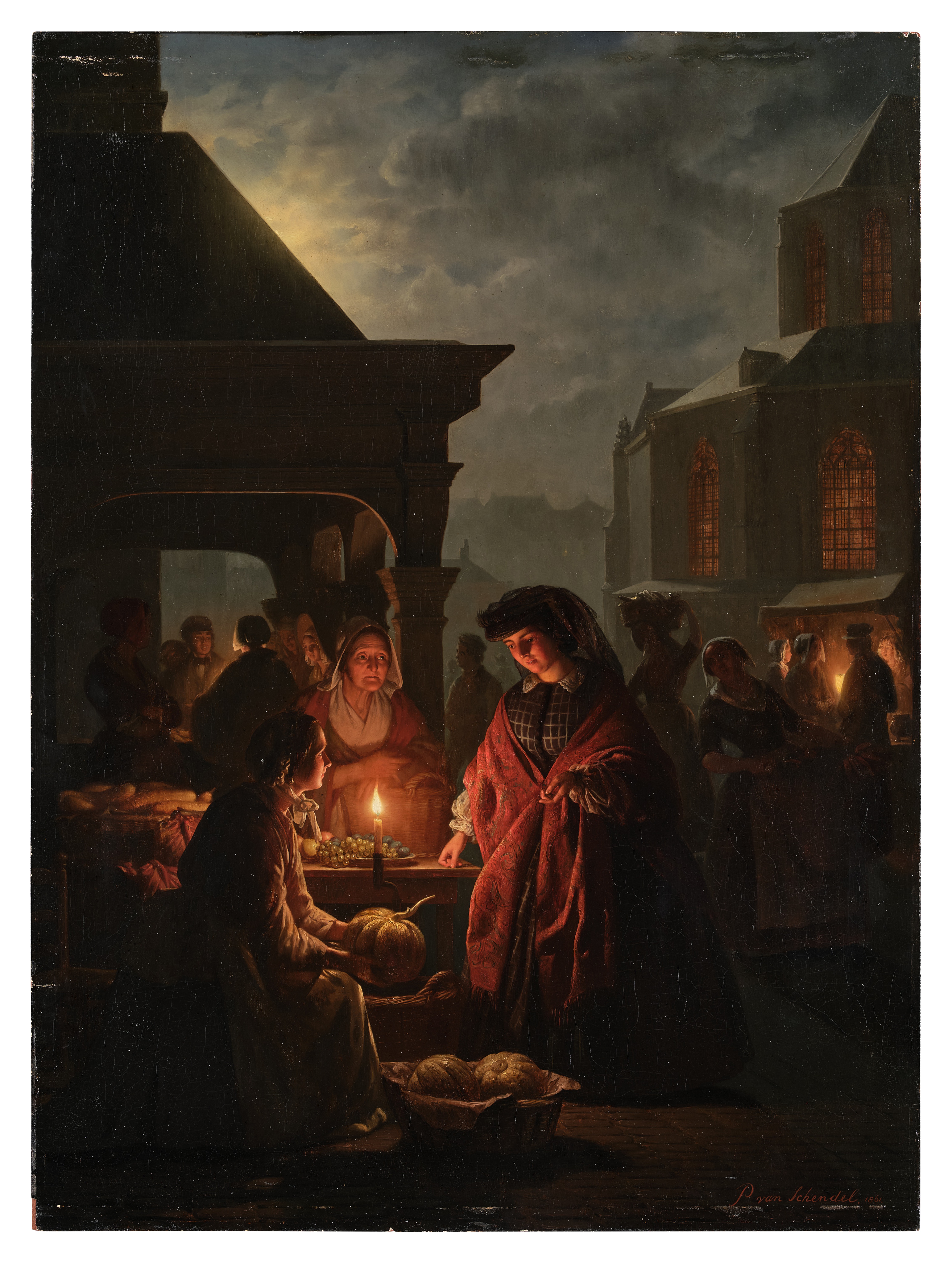 Petrus van Schendel — The Groenmarkt in The Hague at Night
