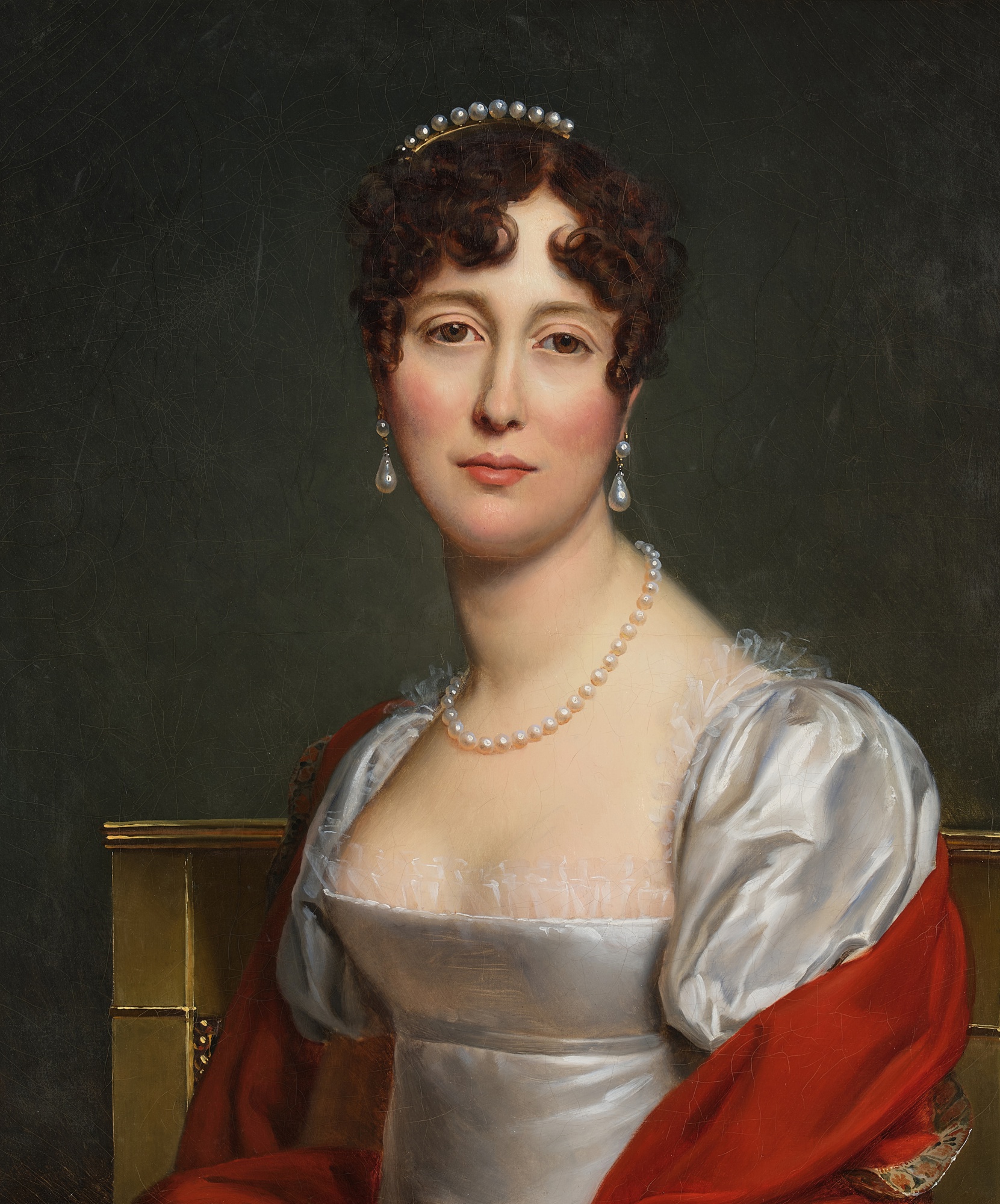 François Pascal Simon Gérard, called Baron Gérard, and studio — Portrait of Eléonore de Mortemart, née Montmorency (1776-1863), half-length, in a white satin dress with a red shawl