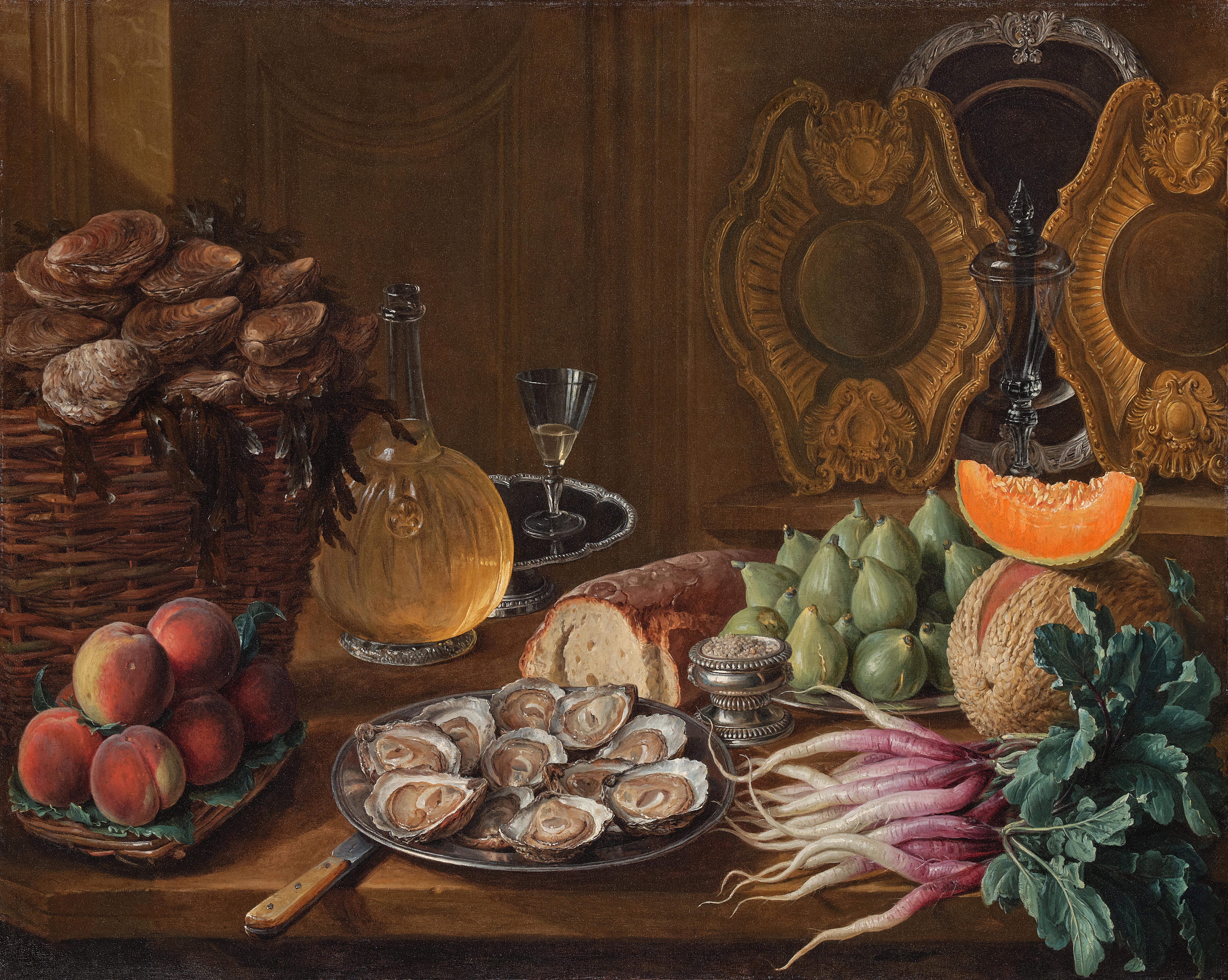 Alexandre-François Desportes — Still life with oysters, figs, peaches, radishes, and a melon with wine and gold and silver dishes on a wooden table