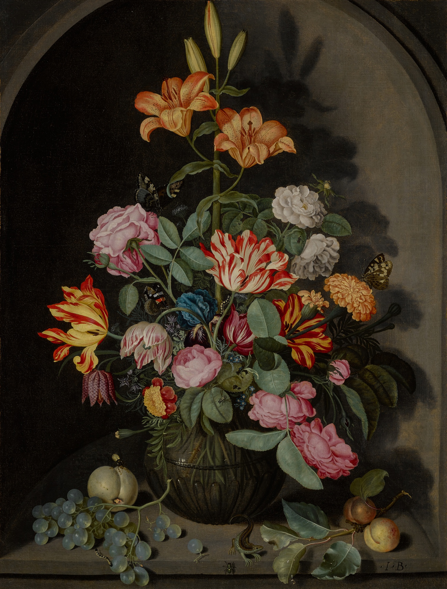 Johannes Bosschaert — Bouquet of tulips, lilies, and carnations in a glass vase with apples, grapes, a lizard and butterfly, in a stone niche