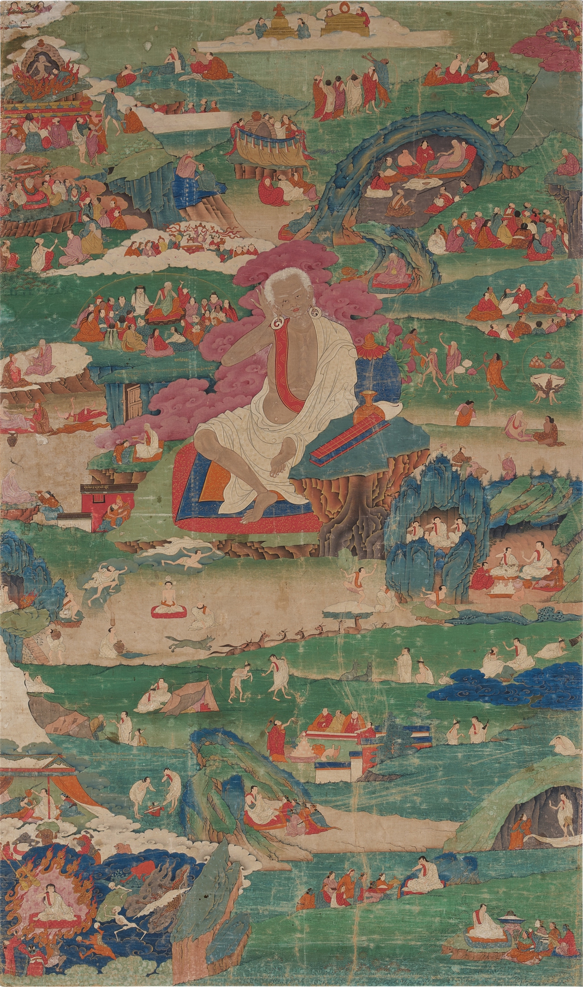 A thangka depicting episodes from the life of Milarepa — A thangka depicting episodes from the life of Milarepa, Eastern Tibet, 18th century