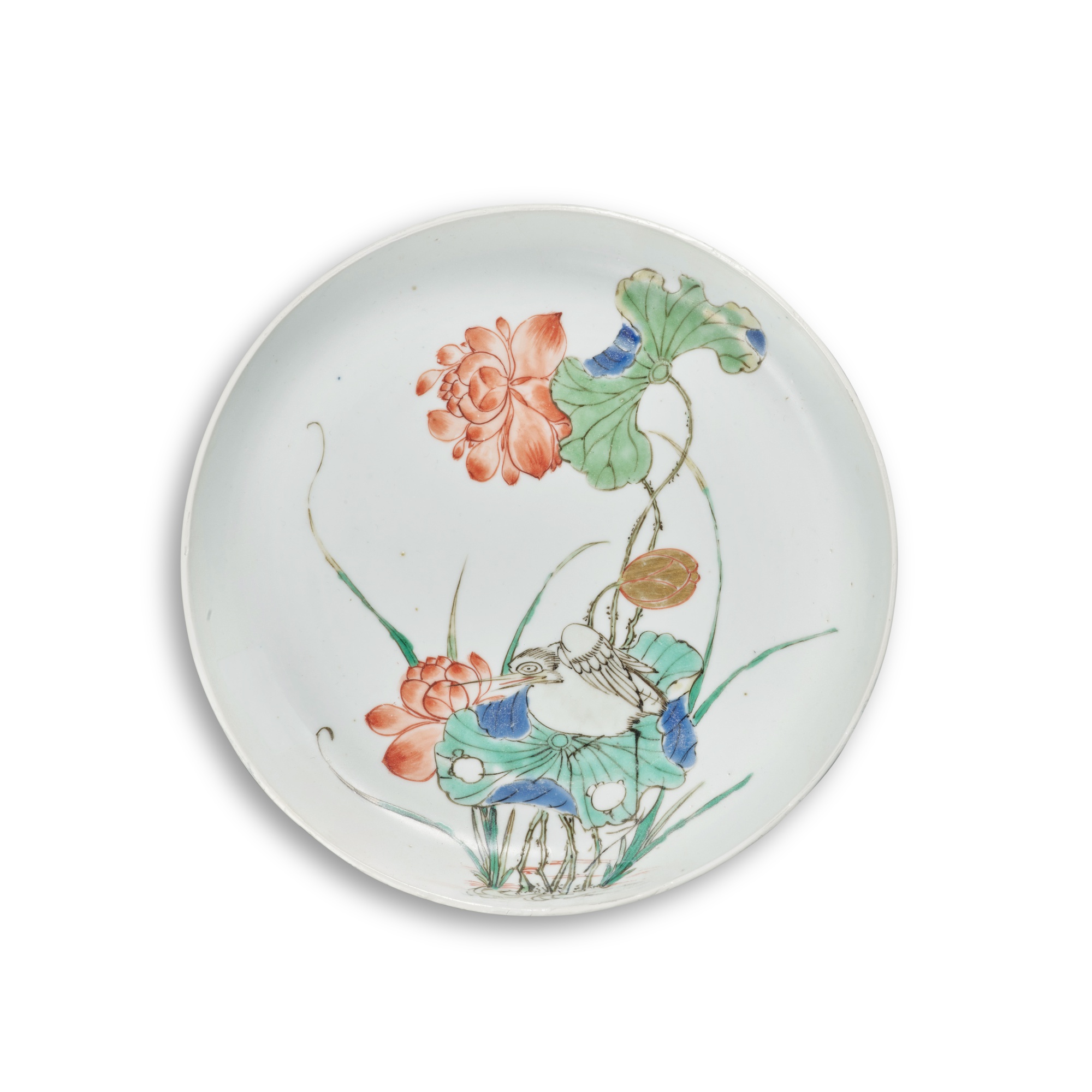 A famille-verte 'egret' dish — 清康熙 五彩路路連科圖盤