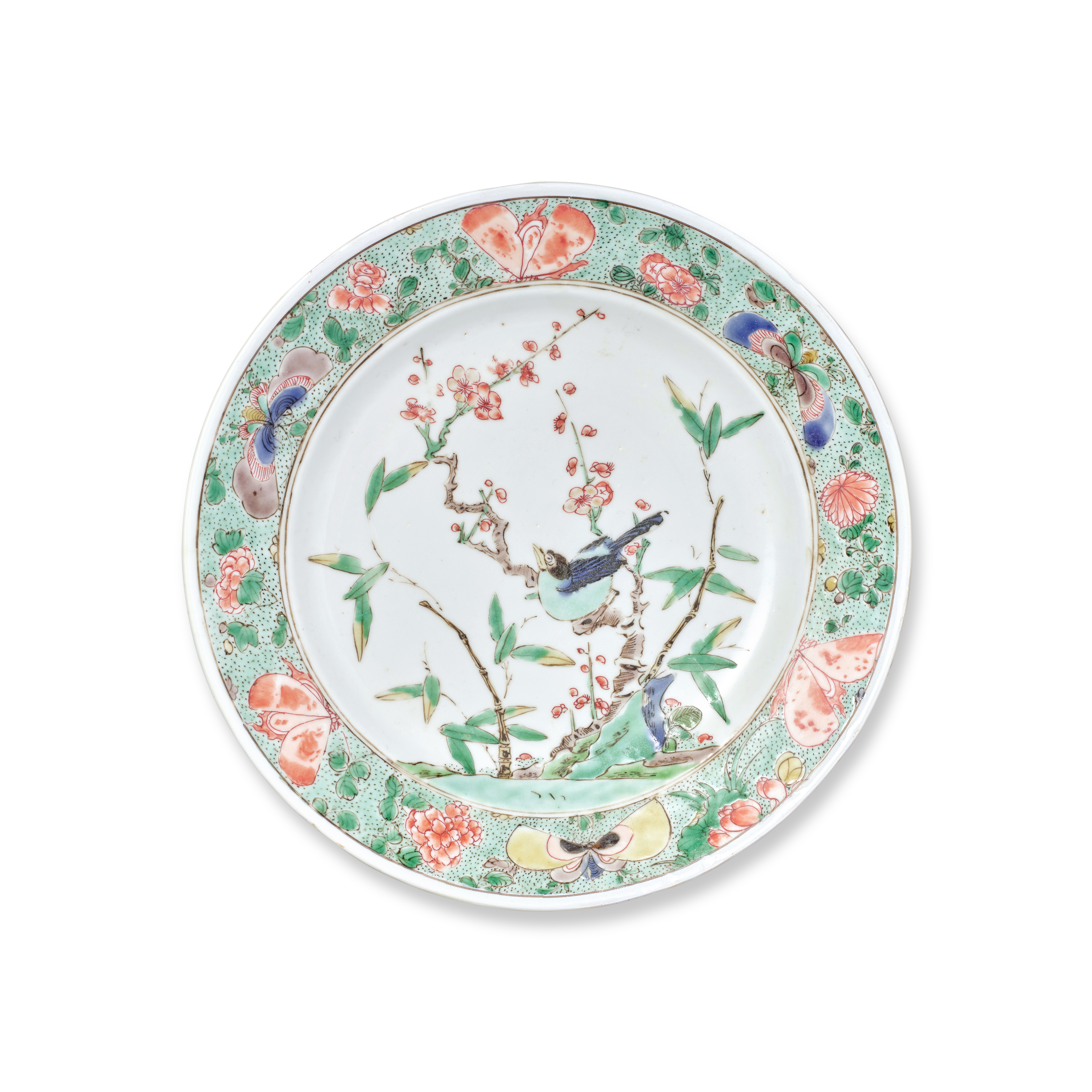A famille-verte 'magpie and prunus' dish — 清康熙 五彩喜上眉梢圖盤