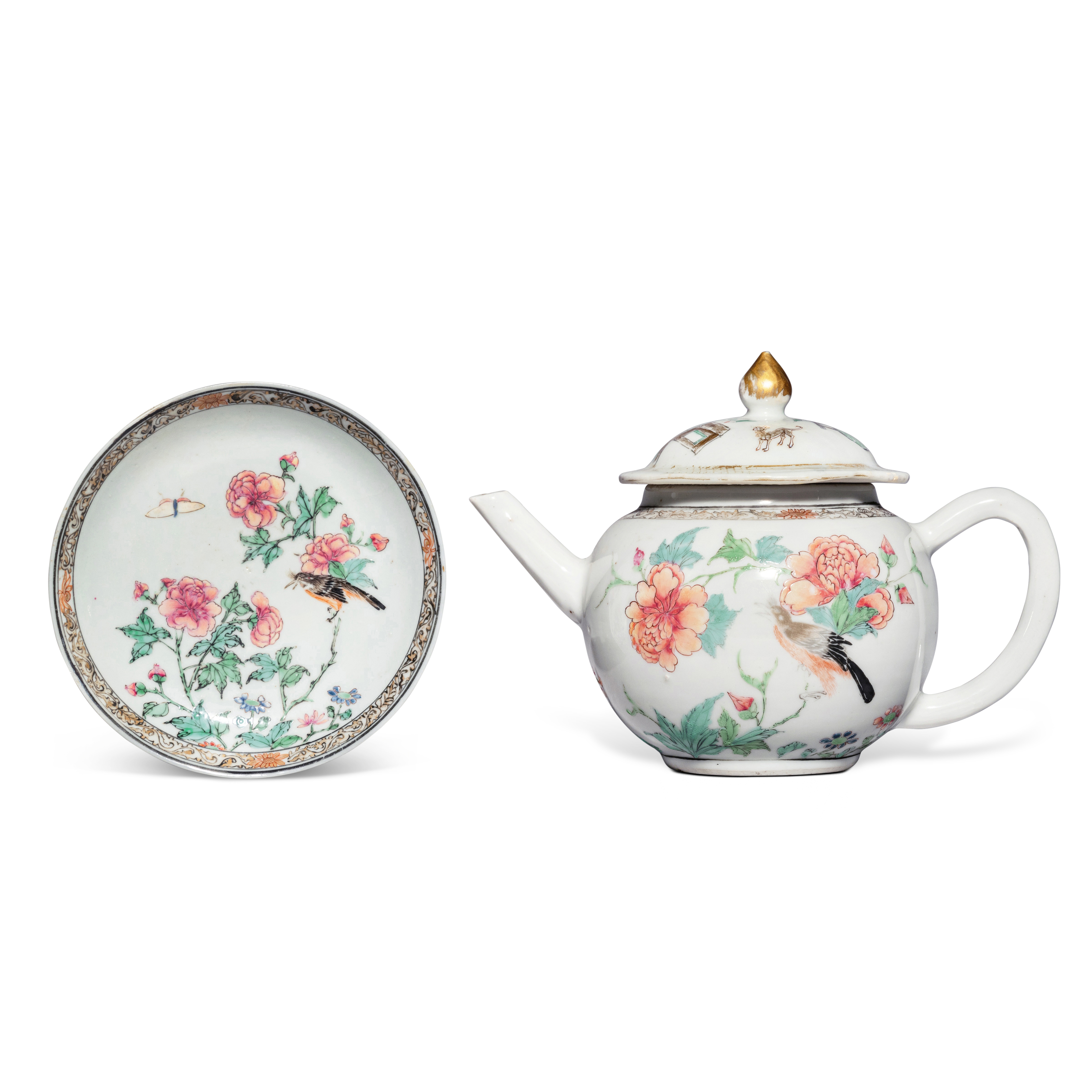 Two famille-rose 'bird and flower' teapot and saucer — 清雍正 粉彩花鳥紋瓷器一組兩件