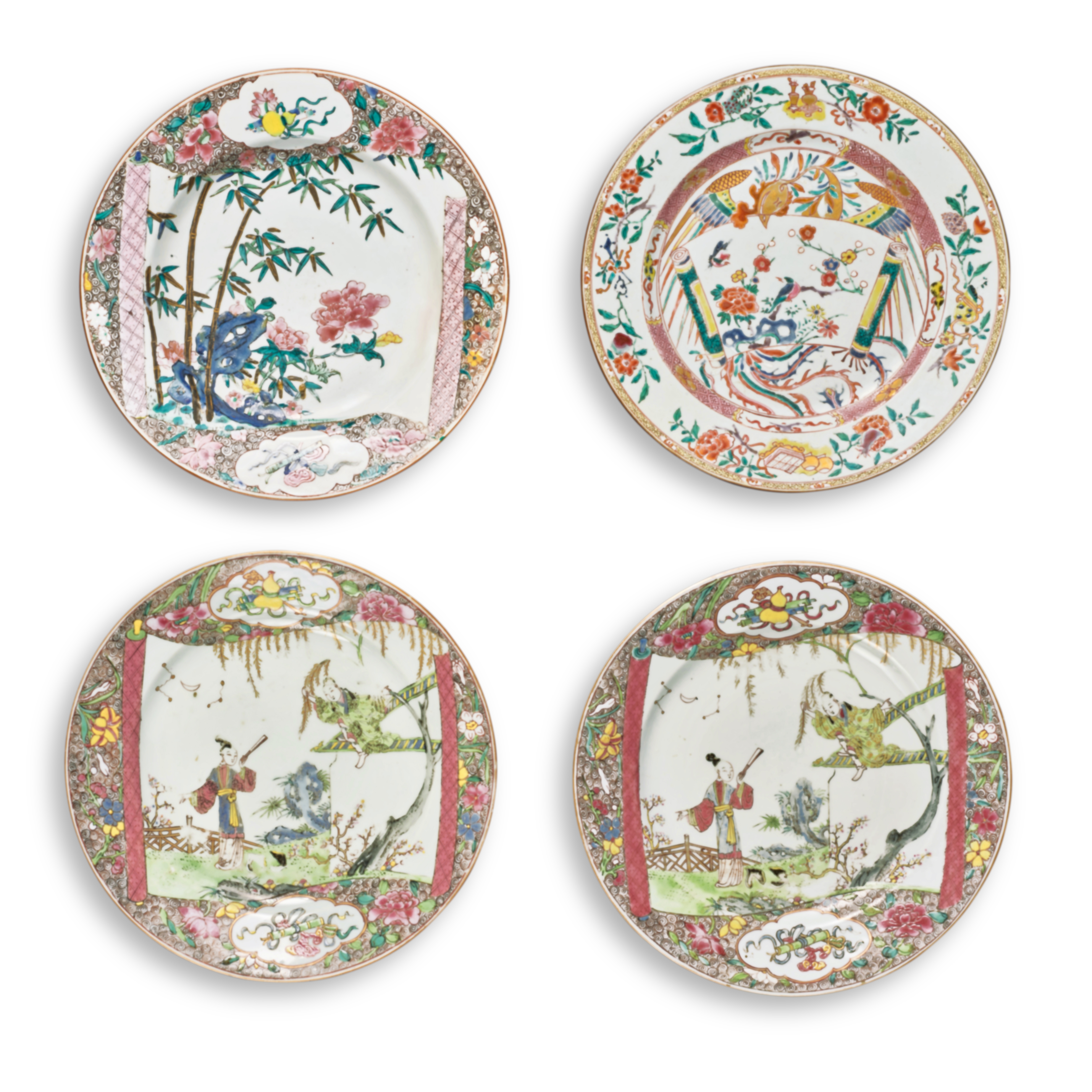 Four famille-rose dishes — 清雍正 粉彩喜上眉梢圖盤、粉彩花卉圖盤及粉彩西廂記人物故事圖盤一對