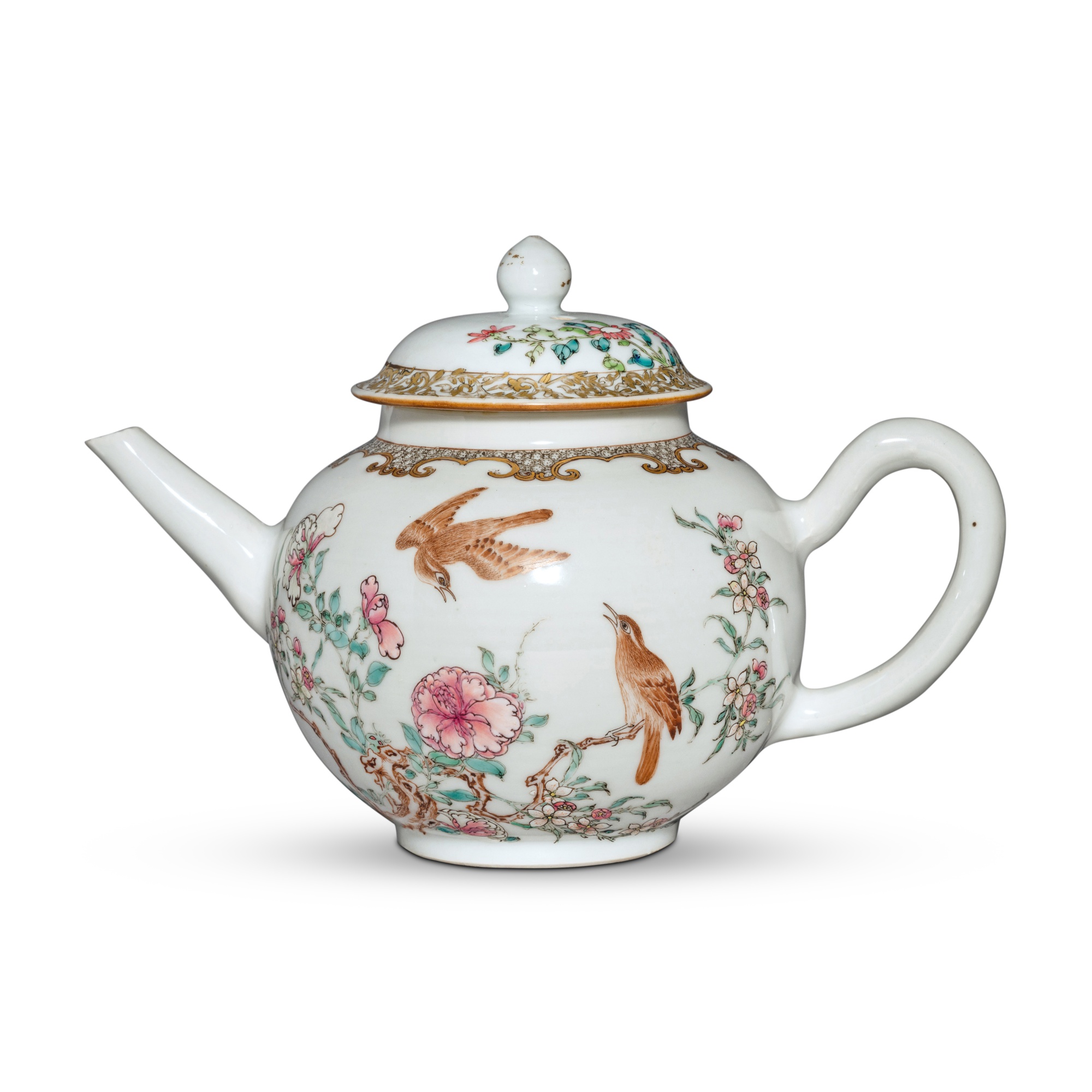A famille-rose 'birds and flowers' teapot and cover — 清乾隆 粉彩花鳥紋茶壺
