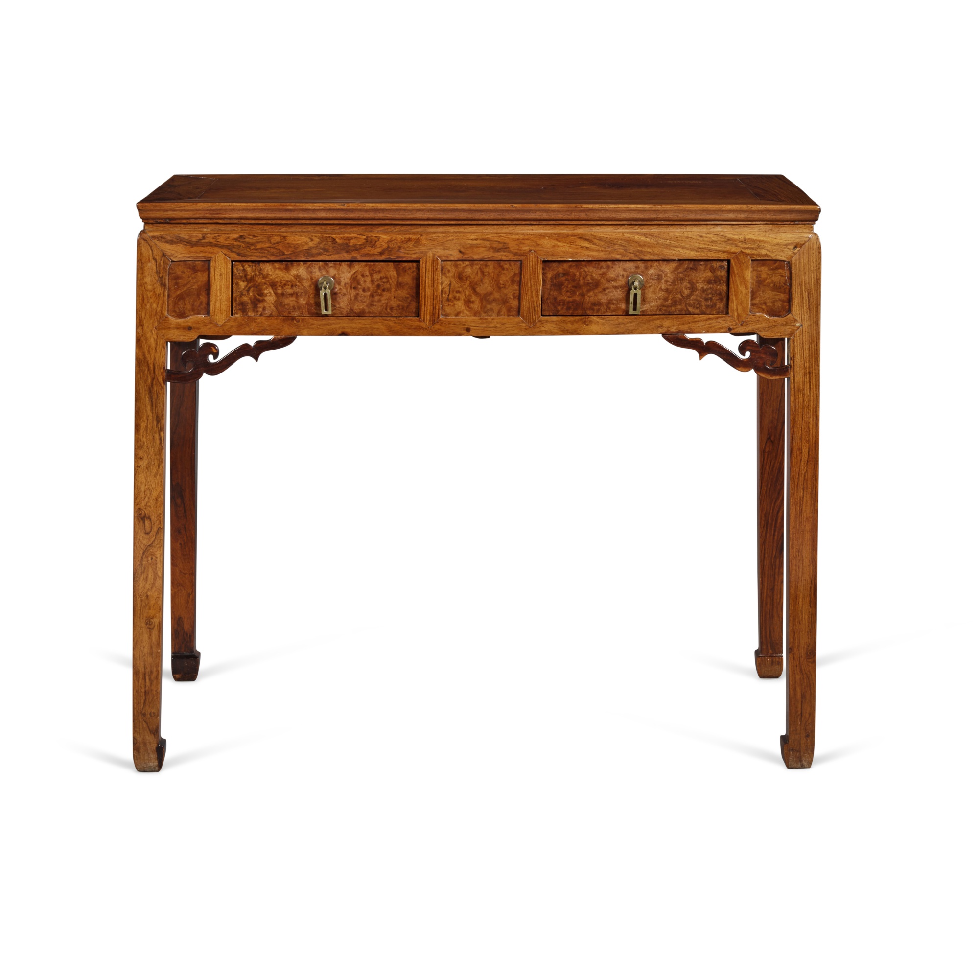 A 'huanghuali', 'huali' and 'huamu' two-drawer desk — 十九 / 二十世紀 黃花梨拼花梨木嵌癭木書桌