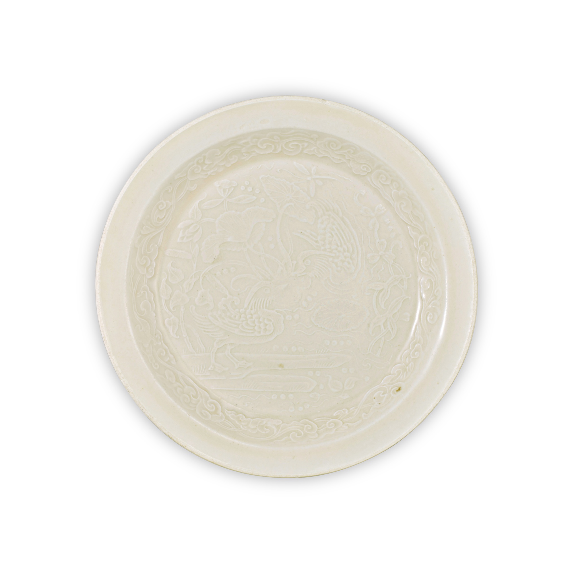 A crisply molded 'Ding' 'mandarin ducks' dish — 北宋 / 金 定窰白釉印花荷塘鴛鴦圖盤