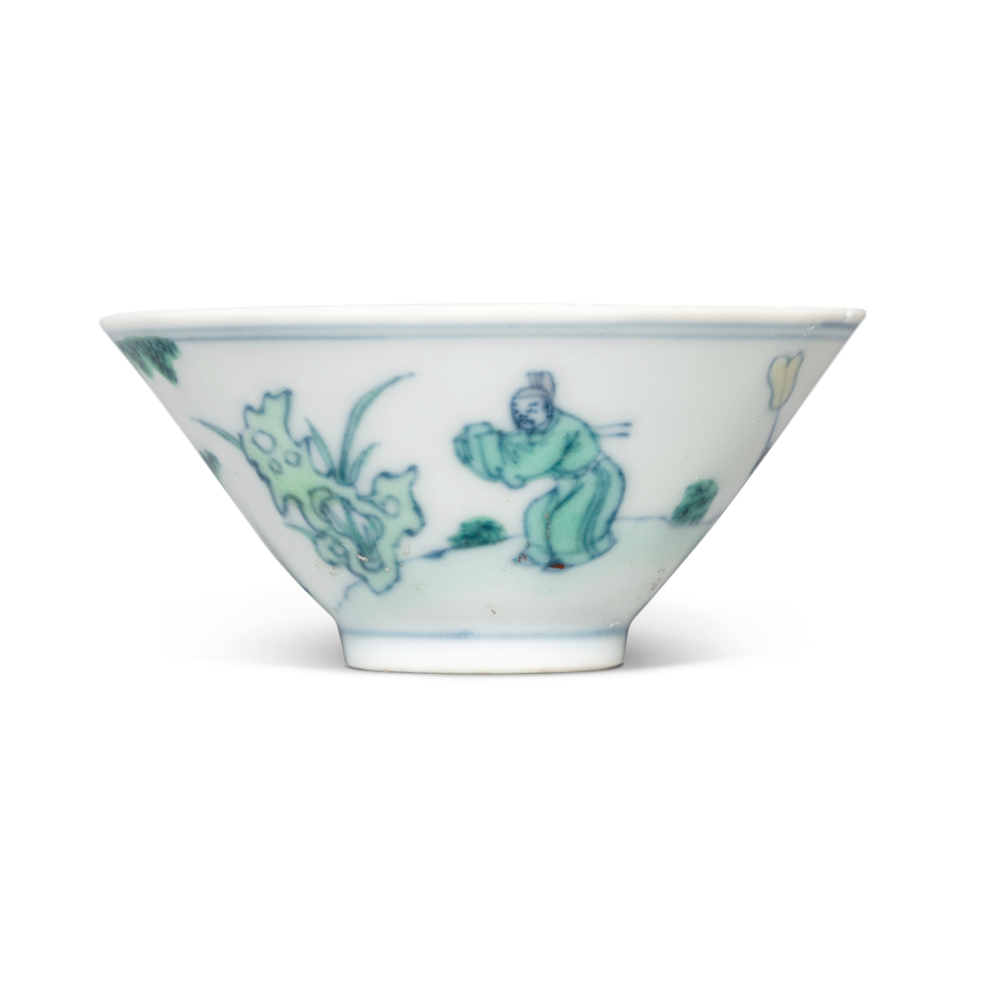 A doucai 'scholars' conical bowl, Qing dynasty, Kangxi / Yongzheng period — 清康熙 / 雍正 闘彩米芾拜石圖笠式盌