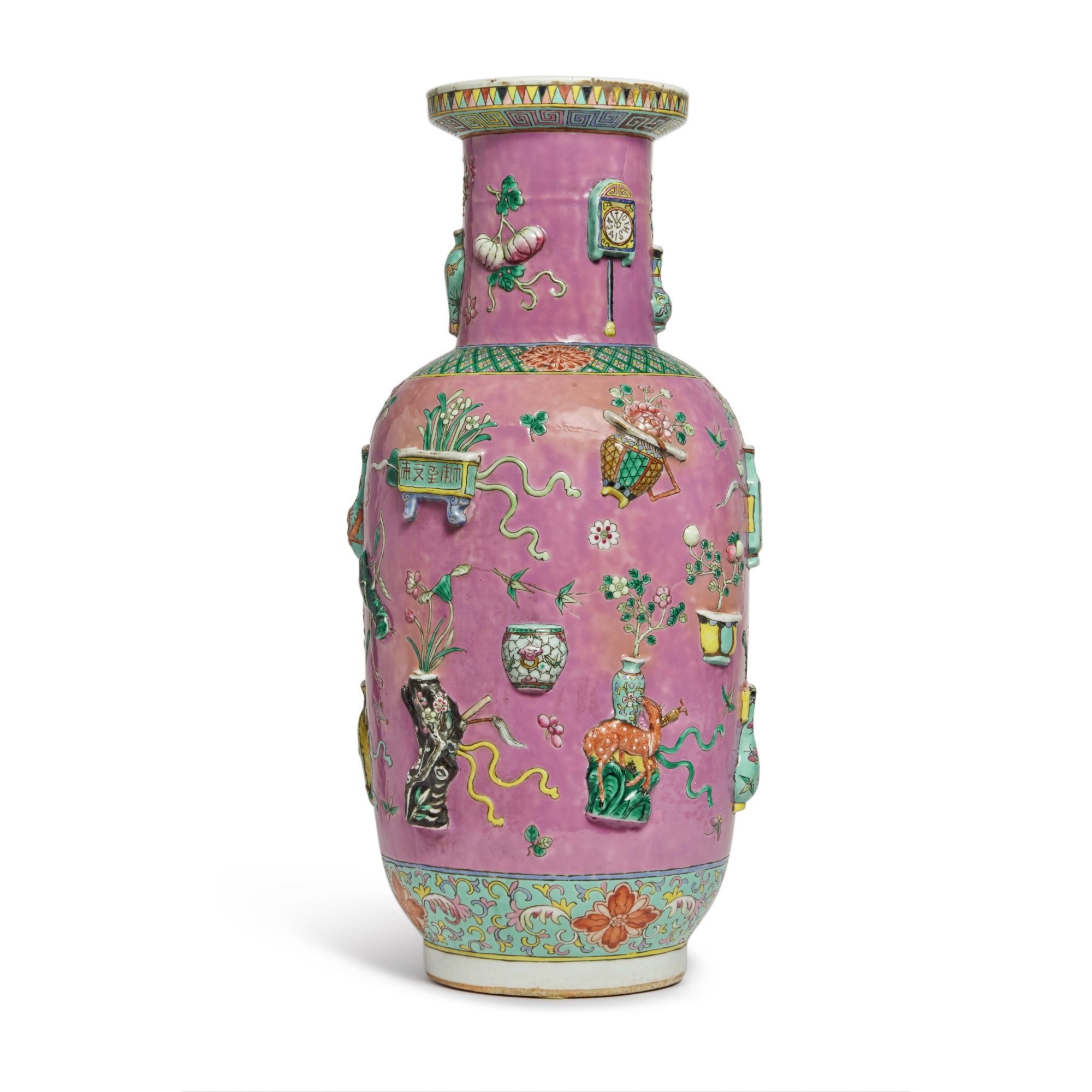 A pink-ground famille-rose applied-decorated 'Auspicious Emblems' rouleau vase — 清十九世紀 粉地粉彩貼花吉祥紋棒槌瓶