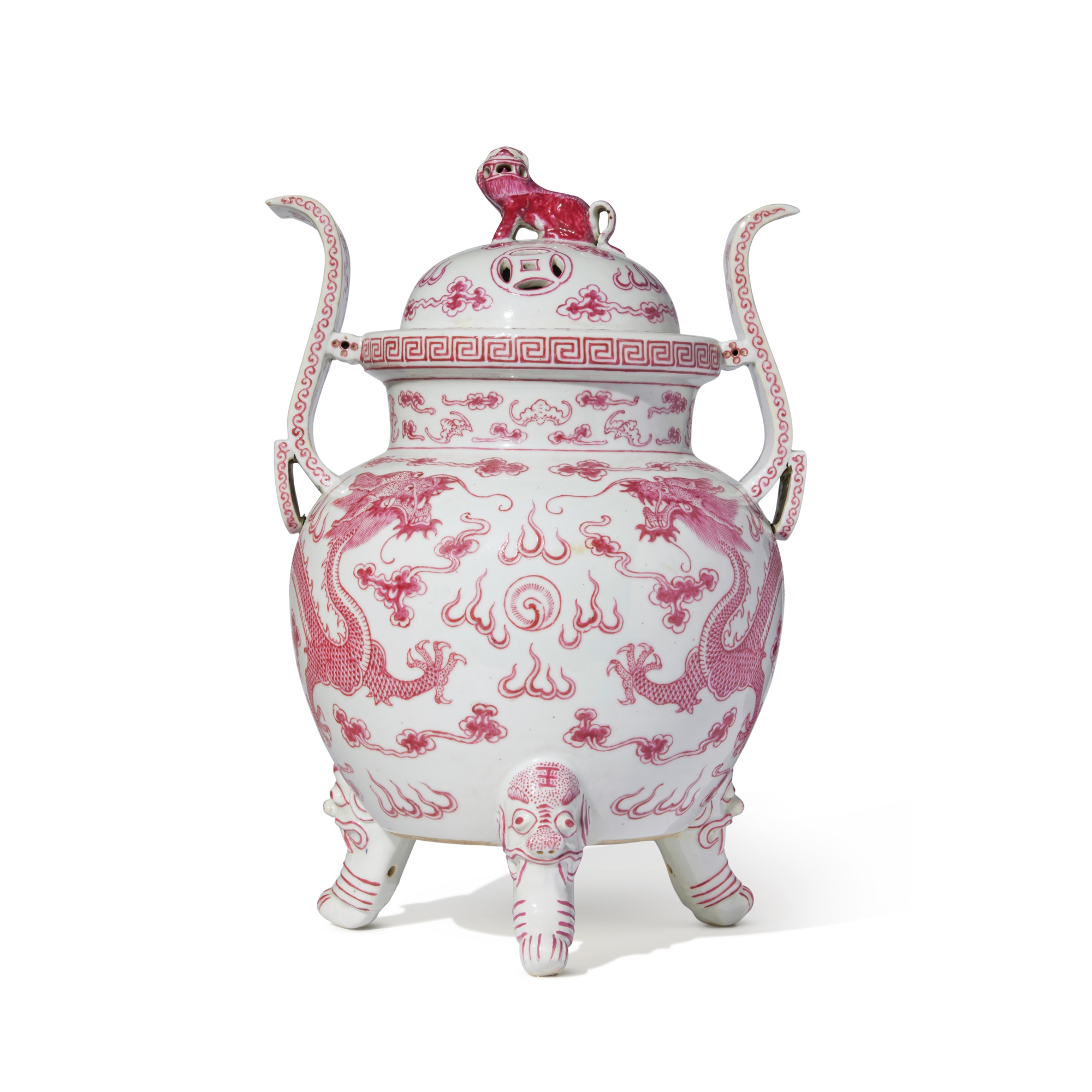 A puce-enameled 'dragon' tripod censer and cover — 清末 胭脂紅彩雲龍趕珠紋朝冠耳三足蓋爐